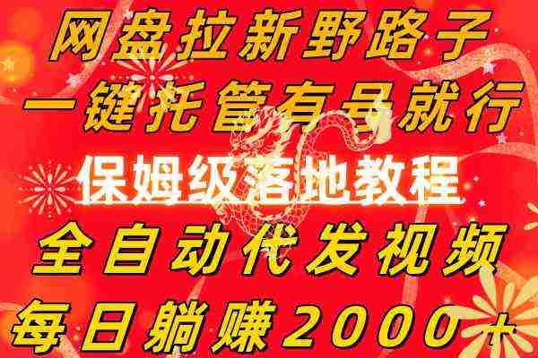 网盘拉新野路子，一键托管有号就行，全自动代发视频，每日躺赚2000＋，…