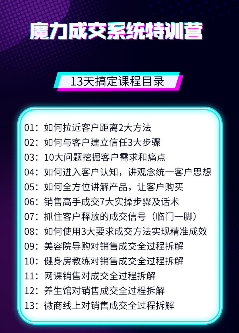 13天魔力成交系统特训营：从0-1掌握1对1私信成交，让微信成为你的提款机