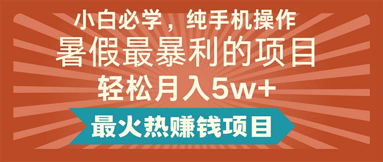 小白必学，纯手机操作，暑假最暴利的项目轻松月入5w+最火热赚钱项目