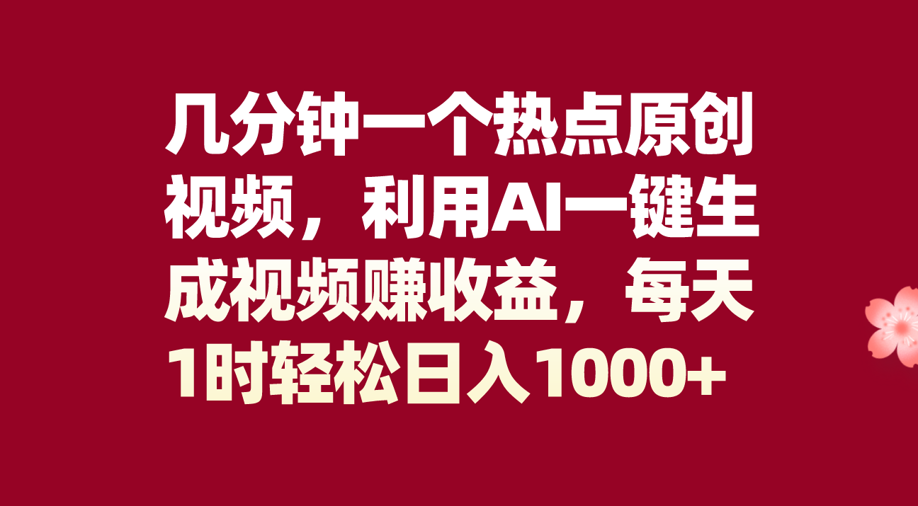 几分钟一个热点原创视频，利用AI一键生成视频赚收益，每天1时轻松日入1000+